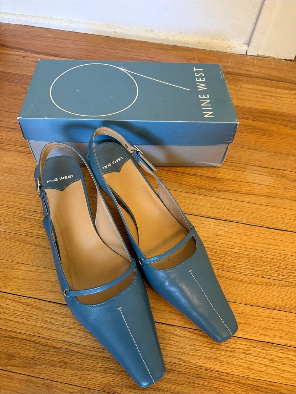 Nine West Medium Blue Leather Slingback Kitten Heels